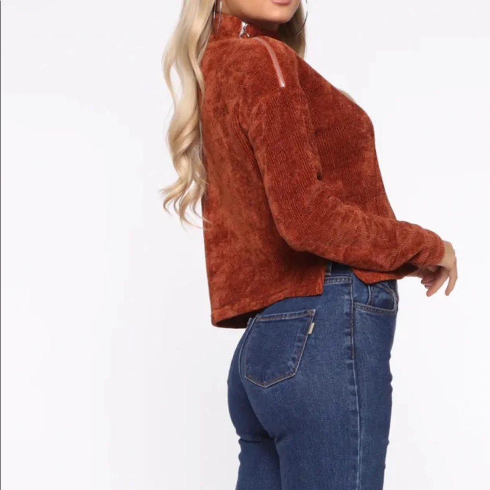 Fashion Nova Cropped Rust Color Shoulder Zip Chenille Sweater - Picture 3 of 7
